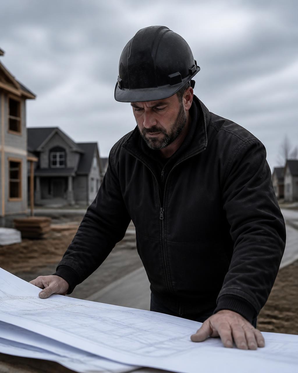 Contremaître de chantier consultant des plans sur un chantier résidentiel