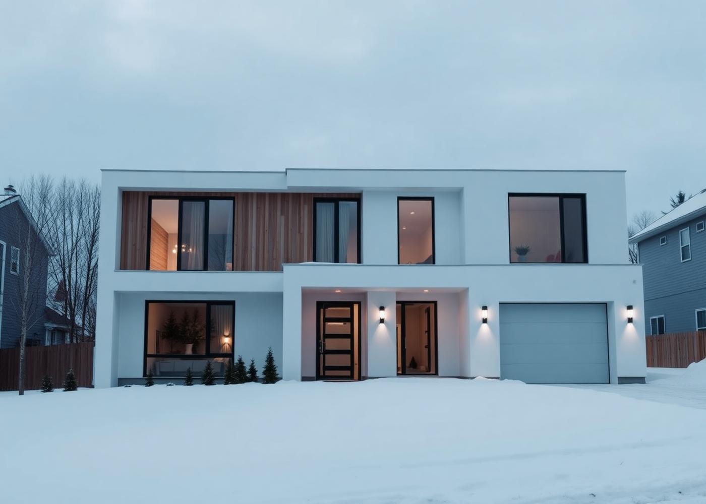 Maison unifamiliale moderne en bois et blanc, fraîchement complétée