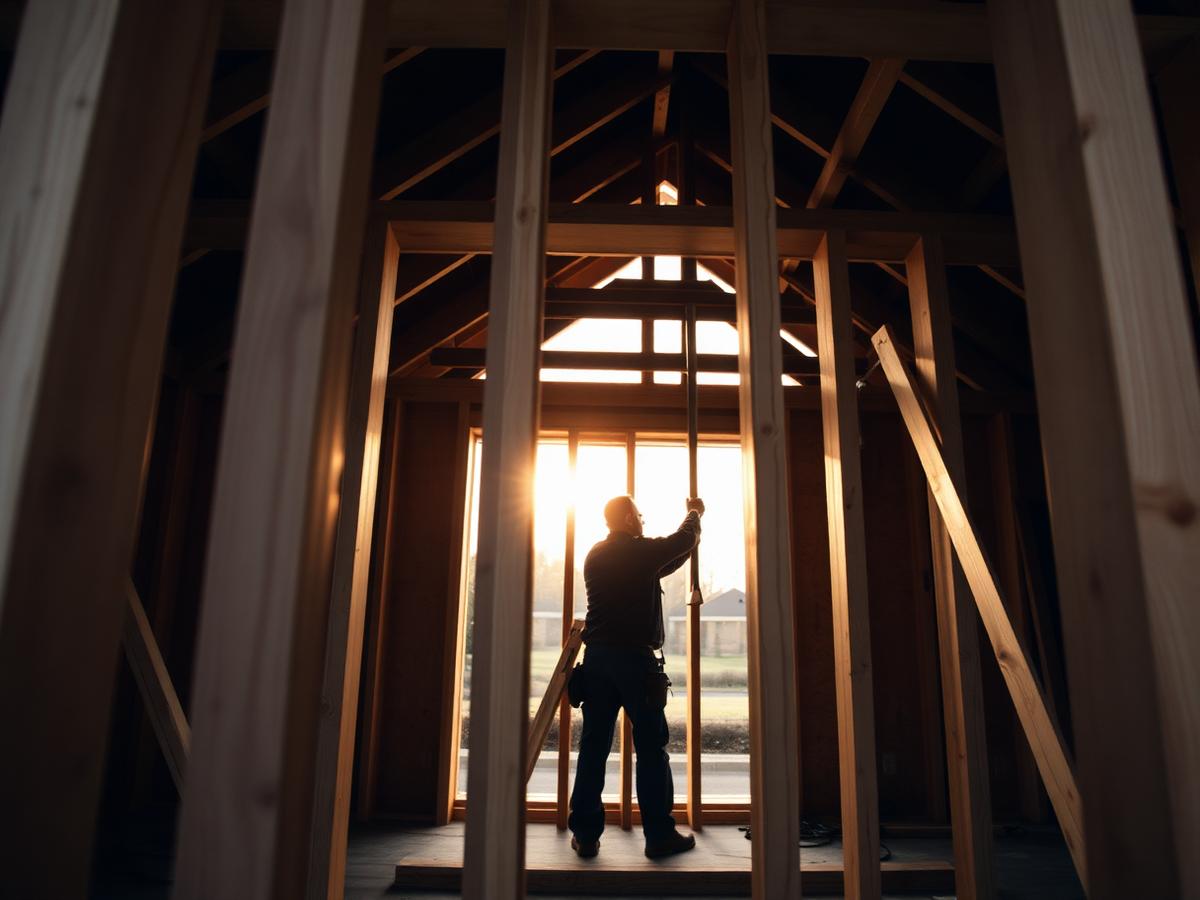 Agrandissement résidentiel en construction, charpente de bois éclairée par la lumière de fin d'après-midi