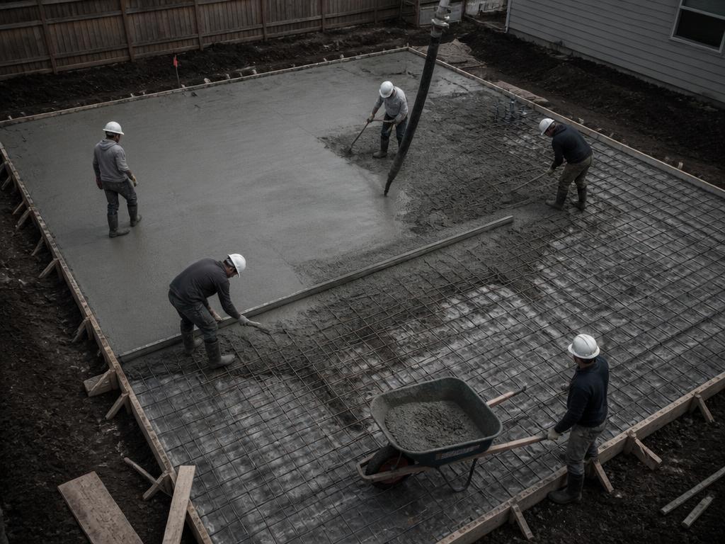 Ouvrier coulant une fondation de béton résidentielle