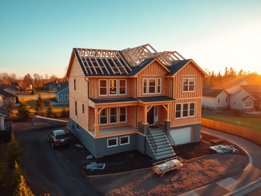 Nouvelle maison en construction, fermes de toit installées