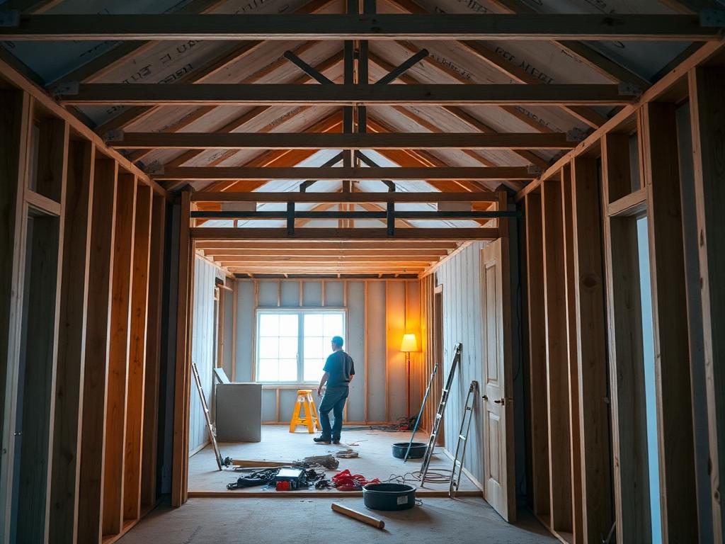 Intérieur d'une maison en rénovation, structure de bois apparente