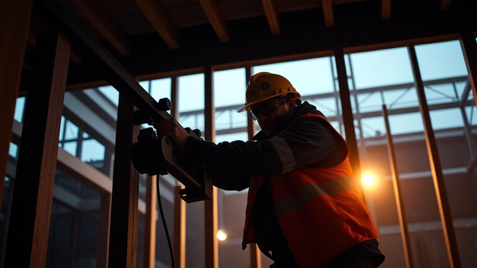 Ouvrier de la construction manipulant une pièce de charpente sur un chantier